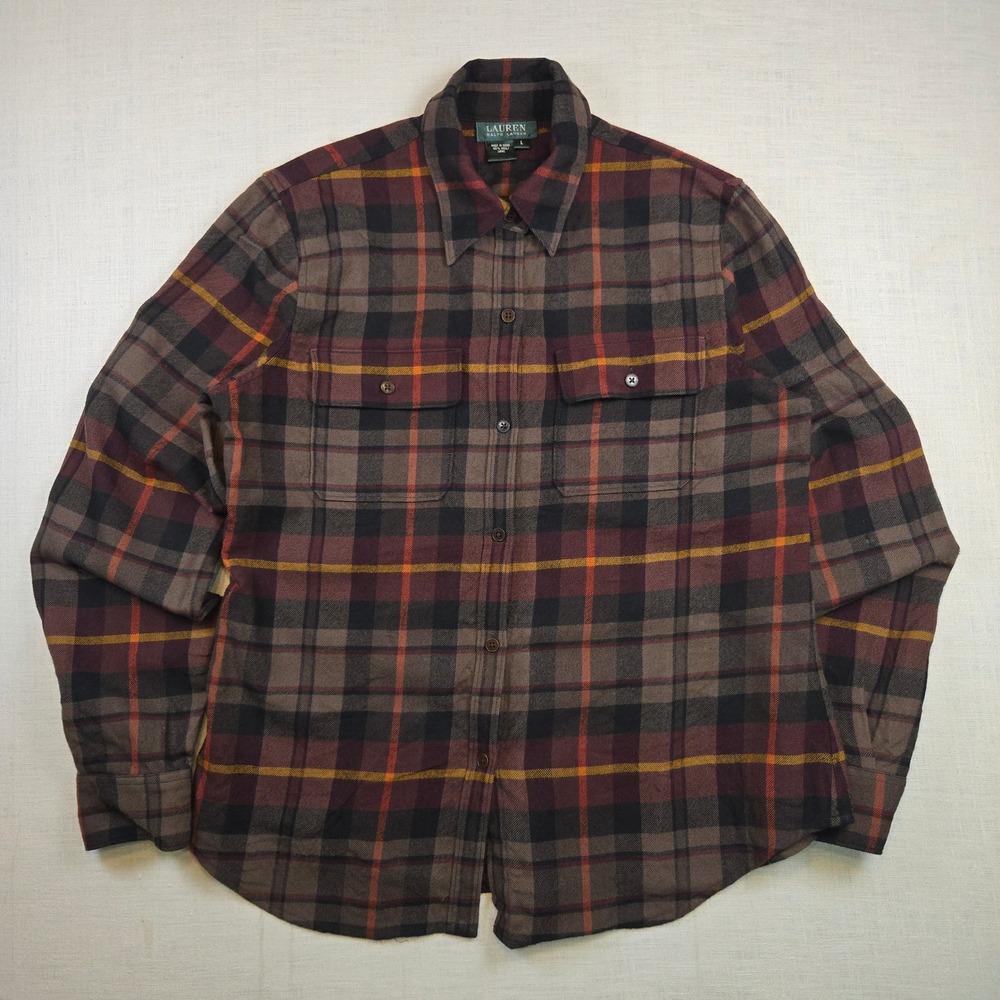 Lauren Ralph Lauren Plaid 100% Wool Flannel Shirt L Distressed  Womens Brown Red